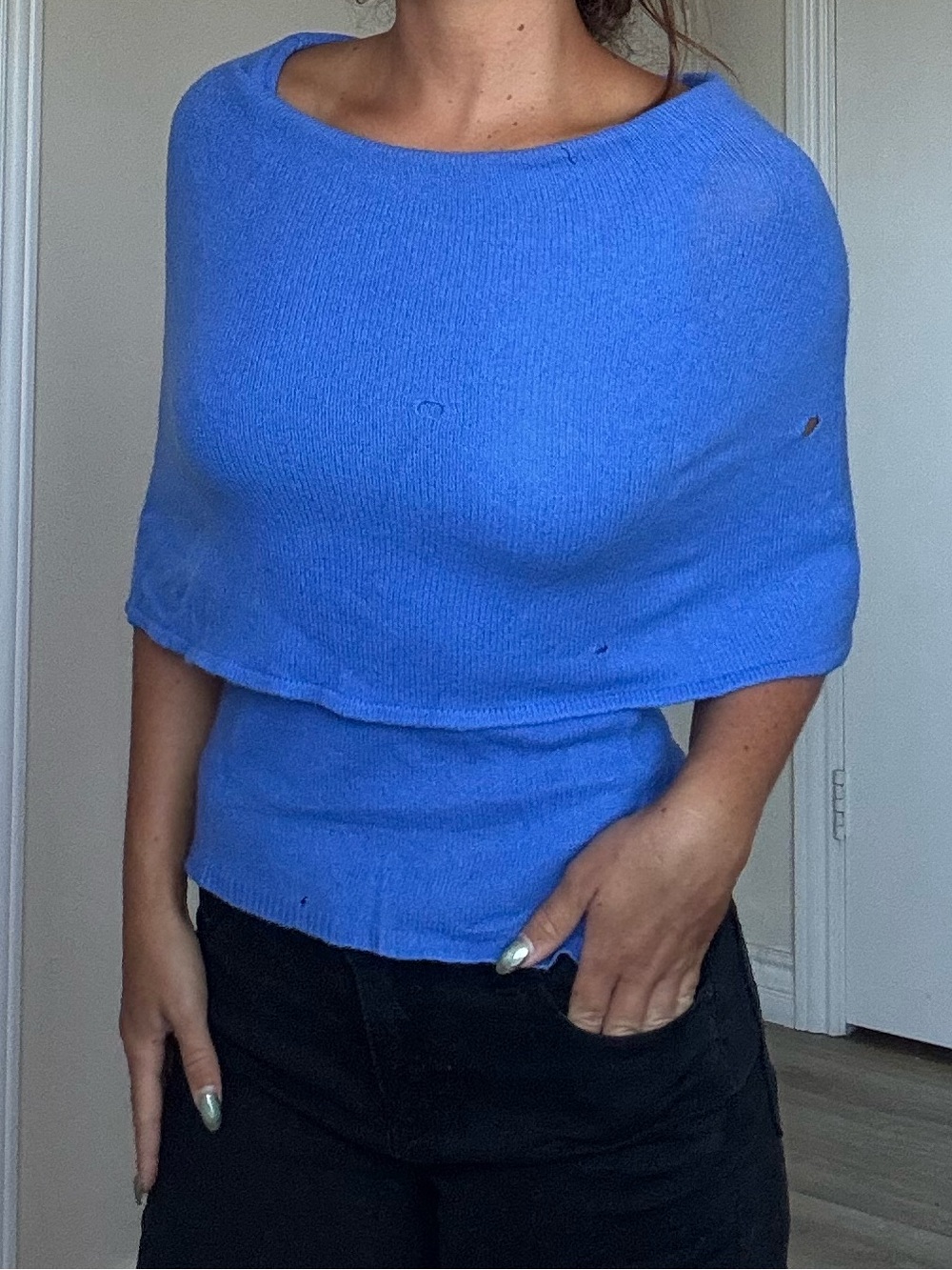 Vintage Minnie Rose Blue Women's Fold Over Neck Knit Sweater Top